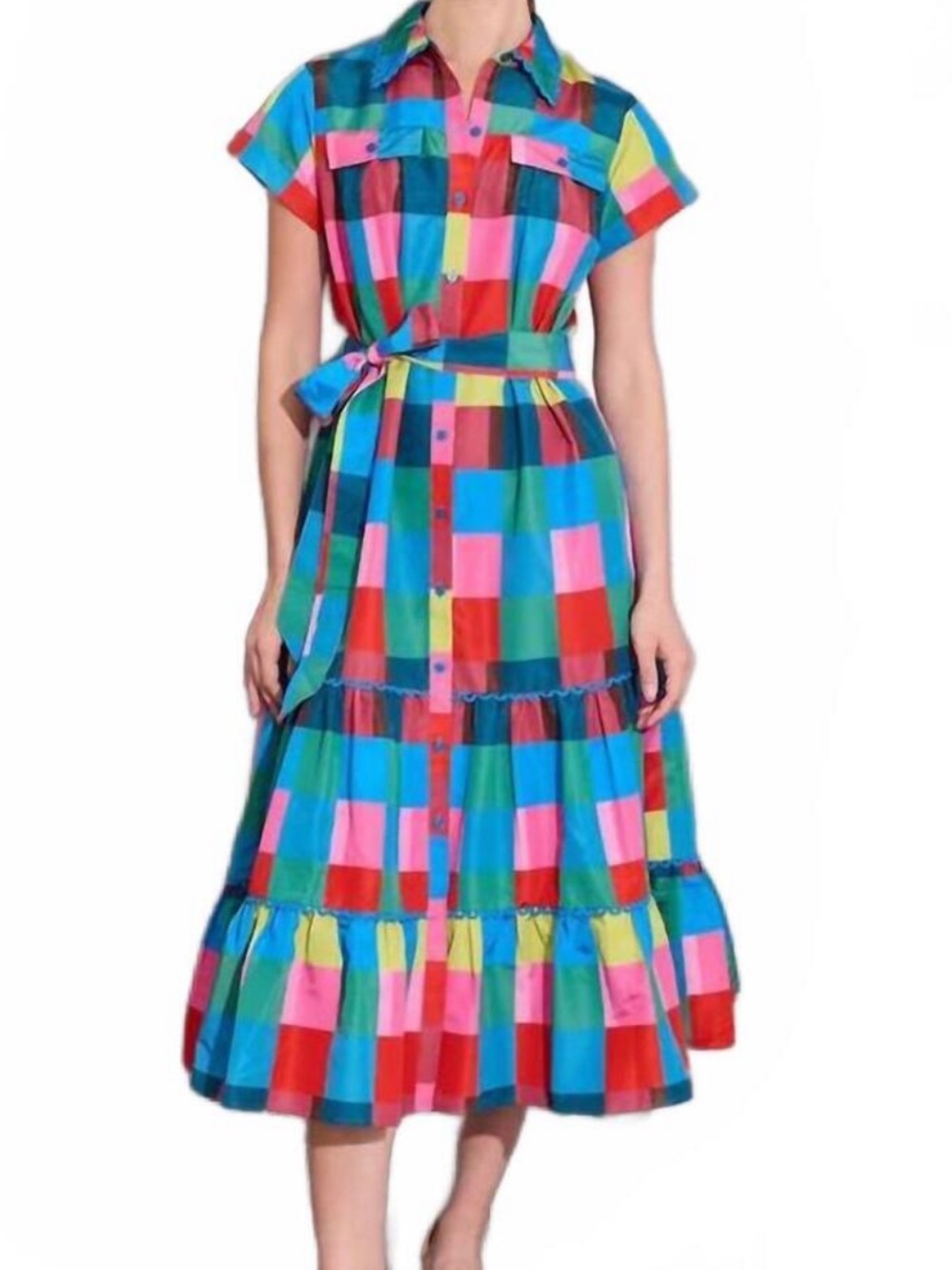 Multicolor Patchwork Shirt Midi Dress with Tie Waist